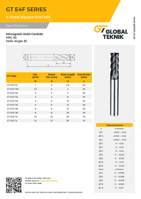 GTE Square End Mill 4 Flute (55HRC)