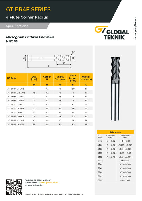 GTE Corner Radius End Mill 4 Flute (55HRC)