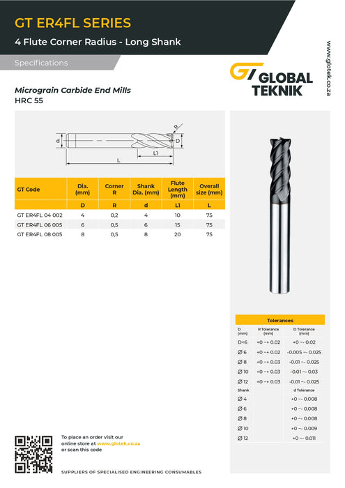 GTE Corner Radius End Mill 4 Flute (55HRC Long Shank)